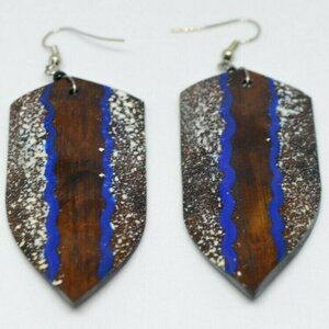 Brown Blue White Large Wood Shield Tribal Earrings
